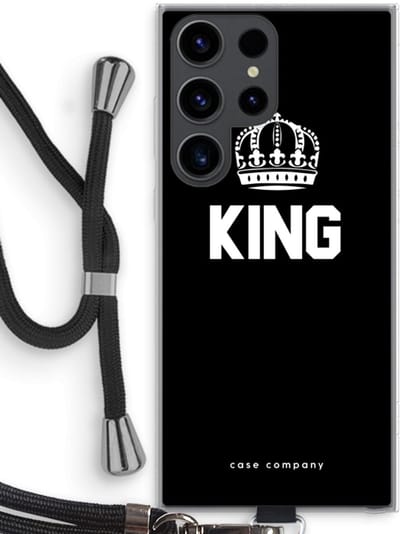 Case Company® - Hoesje met koord geschikt voor Samsung Galaxy S23 Ultra hoesje met Koord - King zwart - Telefoonhoesje met Zwart Koord - Bescherming aan alle Kanten en Over de Schermrand