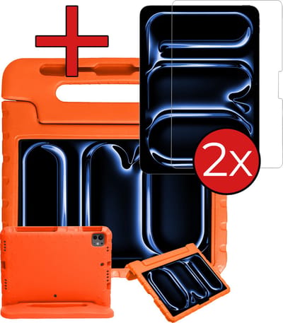 Hoesje - Geschikt voor Apple iPad Pro (2024/2025) - 11 inch - Met 2x Screenprotector - Kinderhoes - Shockproof Bumper - Kidsproof Case - Tablethoes - Kinder Hoes Cover - Oranje