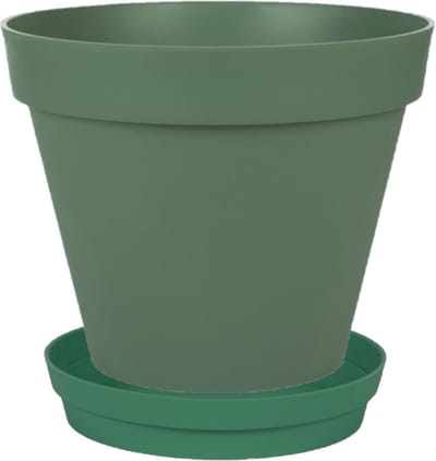 Bloempot Toscane kunststof donkergroen D20 x H17 cm inclusief onderschaal D15 cm - Bloempotten/plantenpotten set