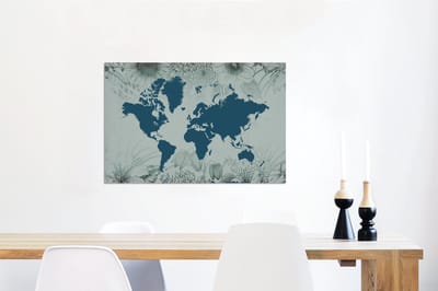 Aluminium schilderij 90x60 cm - Wanddecoratie metaal - Wereldkaart - Grijs - Blauw - Metalen muurdecoratie woonkamer - Decoratie industrieel - Foto op dibond - Industriële accessoires slaapkamer