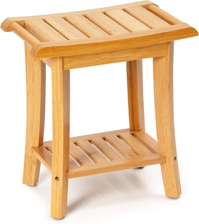 Bamboe Douchebank - Spa Kruk - Badkamer Organisatie - Met Opbergplank - 40x25x43 cm - Natuurlijk Bamboe