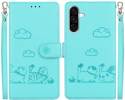 BookCover Hoes Etui geschikt voor Samsung Galaxy A56 - A37 - A36 - Cartoon Cats - Mint-Groen - Reliëf