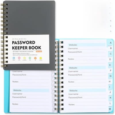 longziming -Wachtwoordboekje – Compact Notitieboek – 14,5x11 cm – Spiraalbinding – Overzichtelijke Tabs – Waterbestendig – Grijs