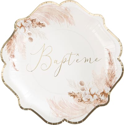 ARTYFETES - 8 papieren borden doop pampas en katoenbloemen 23 cm