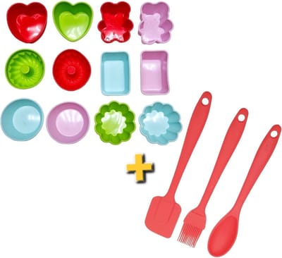 12 stuk siliconen cup cake cups met 3 delige bak set- Kitchen backing set- Gekleurde Cupcake vormpjes set - Siliconen Cupcake vorm - Bakvorm Muffin Figuur- Hartjes- Beertjes- Rond- Vierkant - Herbruikbaar- Vaat bestendig- Kerstcadeau voor kinderen