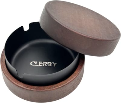 Clerby - Houten Asbak met Deksel - voor Binnen en Buiten - Walnoothout - Metaal - Zwart