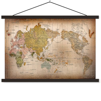 Posterhanger incl. Poster 150x100 cm - Schoolplaat - Klassieke wereldkaart de verspreiding van mensenrassen - Textielposter - Zwarte latten