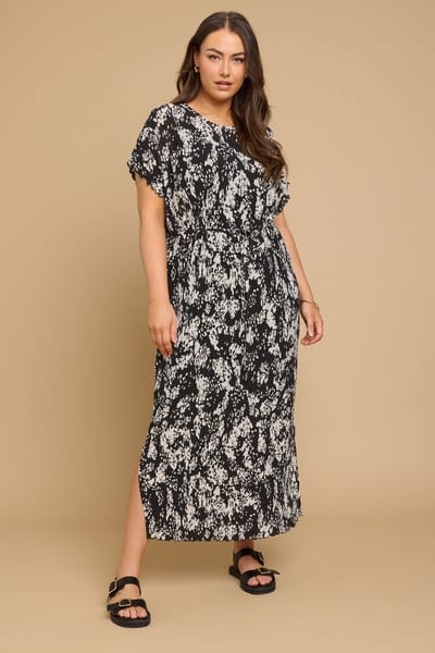Yours Maxi Jurk Van Plissé Met Abstracte Print In Zwart Size 48