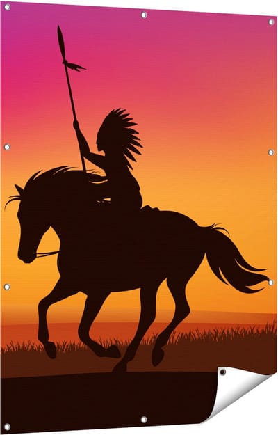 Gards Tuinposter Silhouet van een Indiaan op een Paard - 90x120 cm - Tuindoek - Tuindecoratie - Wanddecoratie buiten - Tuinschilderij