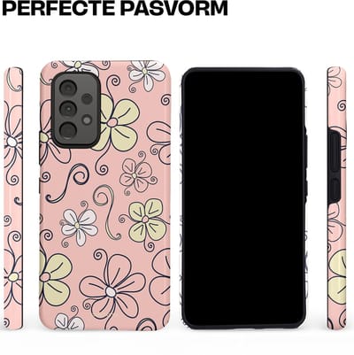 Casetastic hoesje geschikt voor Samsung Galaxy A53 (2022) 5G - Dubbellaagse bescherming - Pastel Perzik Doodle Peach Bloemen - Fashion Case - Zand Zilver Lichtroze
