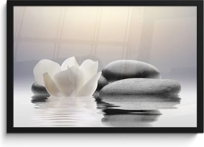 Poster in lijst - Fotolijst 60x40 cm - Posters - Stenen - Lotus - Wit - Water - Zen - Posterlijst zwart - Wanddecoratie badkamer - Muurdecoratie WC - Decoratieve accessoires - Toilet muur decoratie