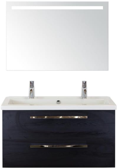 Seville Badmeubelset 100 cm - Black Oak - Wastafel Djazz 2 Kraangaten met Sence Spiegel