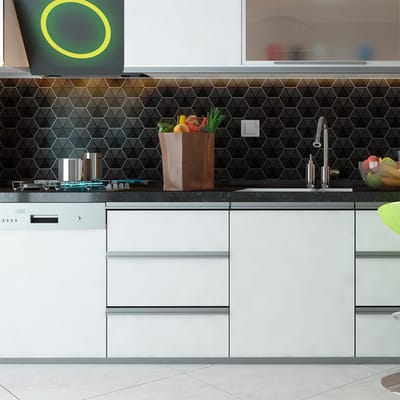 Zelfklevende muurtegelstickers voor keuken en badkamer - Zwarte zeshoekige cementtegels - 28 zeshoekige stickers, 10x9 cm