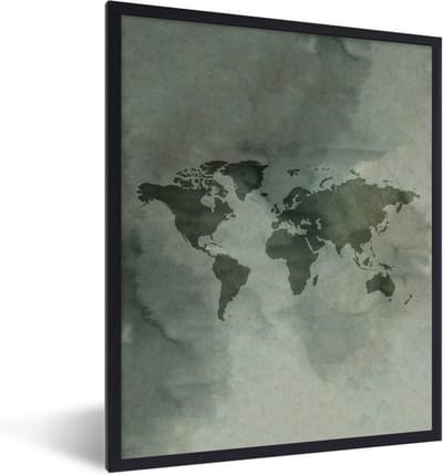 Poster in lijst - Fotolijst 60x80 cm - Posters - Wereldkaart - Aquarelverf - Grijs - Posterlijst zwart - Decoratie - Wanddecoratie woonkamer - Muurdecoratie slaapkamer
