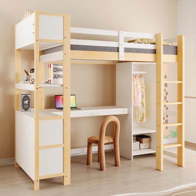 MIVRAY Hoogslaper 90x200 cm - Zonder Matras met Bureau Kast en Open Vakken - Ruimtebesparend Kinderbed - Grenen - Wit