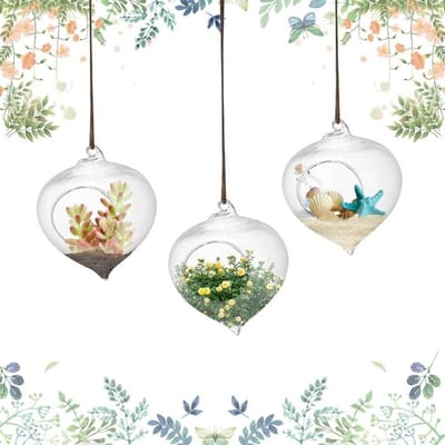 Set van 3 Hangende Glazen Vazen van Borosilicaat voor Terrarium en Planten - Decoratieve Bloempotten voor Bruiloften en Interieurdecoratie, 9.3x12cm