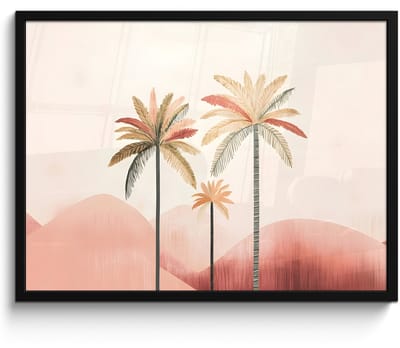 Poster in lijst - Fotolijst 70x50 cm - Posters - Palmbomen - Heuvels - Minimalistisch - Zachtroze - Posterlijst zwart - Decoratie - Wanddecoratie woonkamer - Muurdecoratie slaapkamer