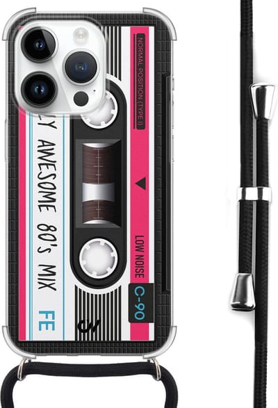 Casevibes - Telefoonhoesje met koord - Geschikt voor Apple iPhone 14 Pro - Cassette - Grijs -
