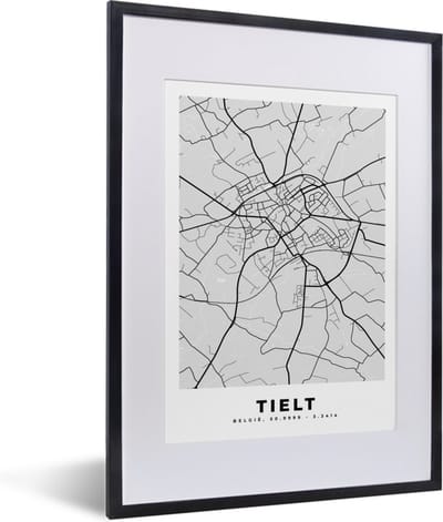 Fotolijst incl. Poster Zwart Wit- Zwart Wit – België – Plattegrond – Stadskaart – Kaart – Tielt - 30x40 cm - Posterlijst