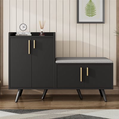 YEHTOKHOME Schoenenkast - vier opbergdeuren - metalen handgrepen - meerdere opbergvakken - schoenenbank met zitkussen - met anti-kipbeveiliging - zwart - 120x34x82,8 cm