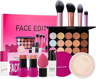 All-In-One Makeup Set - 15 Kleuren Concealer Palette - Gezichtsstick - Poeder Primer - Lipolie - Puff - Ovale Kwast - 11 Stukken - Complete Make-up Cosmetica Set voor Tieners - Meisjes en Vrouwen