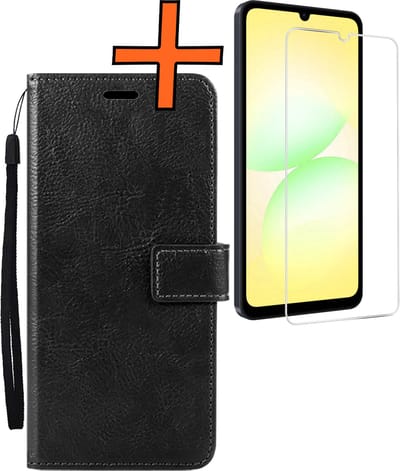 Hoes - Met Screenprotector - Geschikt voor Samsung Galaxy A07 - Luxe Pasjeshouder - Bookcase Portemonee - Flip Case - Kunstleer Book Case - Flipcase - Book Cover - Walletcase - PortemonneeHoes - Zwart