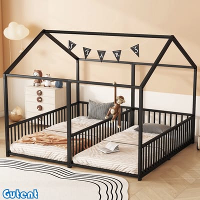 Gutent Kinderbed-Metalen Bed-90*200 cm-Maatloos-Huisstijl-Dubbelbed Design-Zwart