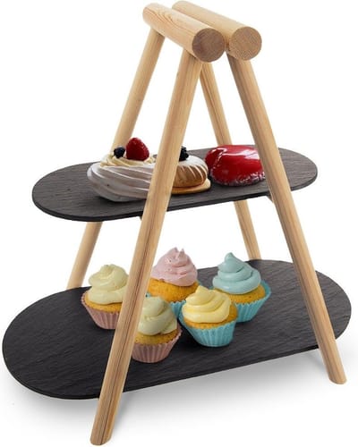 Etagère Steen Houten met 2 Verdiepingen 41x24x38,5 cm - Serveertoren - Taartplateau - Cupcakestandaard - Taartstandaard