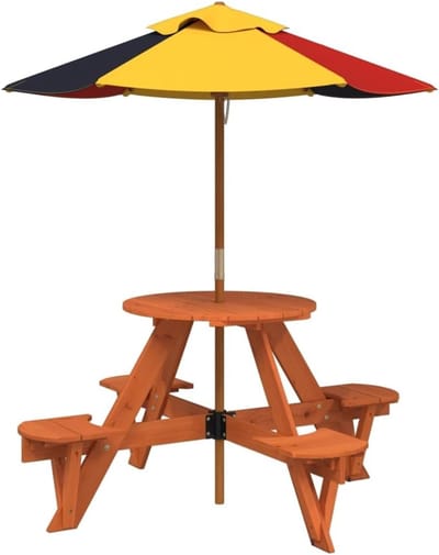 Picknicktafel met stoelen - Buitenmeubel set - Gezellig buiten eten - Geïntegreerde parasol - Voor 4 personen - Donkerbruin