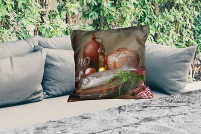 Sierkussen Buiten - Rustiek - Vis - Stilleven - Groente - Kruiden - 60x60 cm - Weerbestendig