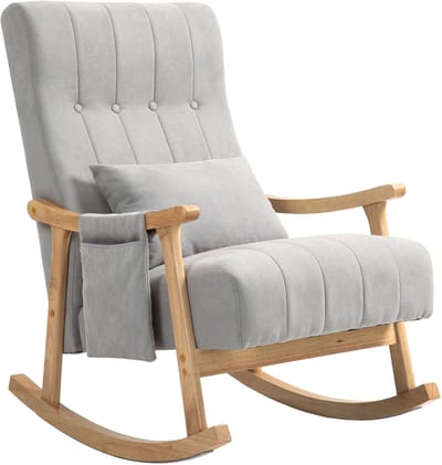 Schommelstoel - Relaxstoel - Voedingsstoel-Houten stoel – Met lendenkussen –Zijvak – Linnenlook - Beukenhout - Woonkamer - 90x65x98 cm- 120 kg-Grijs