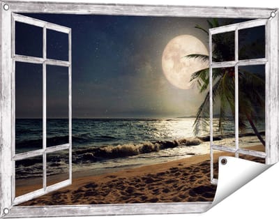 Gards Tuinposter Doorkijk Tropisch Strand in de Nacht met Volle Maan - 90x60 cm - Tuindoek - Tuindecoratie - Wanddecoratie buiten - Tuinschilderij