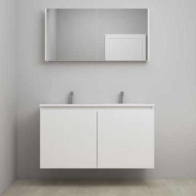 On-Line Badkamermeubelset - 120 cm - Bouwpakket - Greeploos 2 Deuren - Acryl Wastafel - 2 Kraangaten - Spiegelkast - Hoogglans Wit