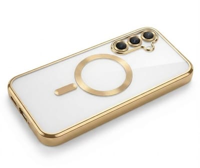Transparant goudkleurig telefoon hoesje met metallic randen – geschikt voor Samsung S25 Plus MagSafe – luxe backcover met MagSafe ring en camera bescherming