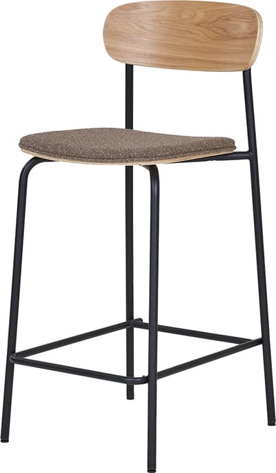 Artichok Justus Barkruk Bruin - Houten Rugleuning - Zwarte Metalen Poten - Stoffen Zitting Bruin - met Voetsteun - Industrieel - Modern - Japandi Stijl