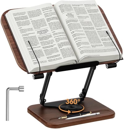 Dailygoods - IIRC Boekenstandaard om te lezen, leesstandaard, in hoogte verstelbaar, 360° draaibaar, retro boekenstandaard, hout, voor recept, tijdschrift, tablet