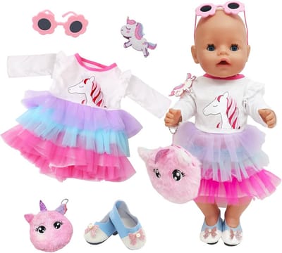 5-Delige Poppenoutfit voor Baby Poppen (35-43 cm) - Jurk, Tas, Zonnebril en Accessoires