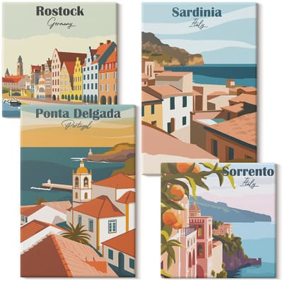 Wallfluent Set van canvas schilderijen - Gezichten op Europese kust- en havensteden Canvas Schilderijen Set - Set van 4 Canvas Schilderijen - Veelkleurig Set van Canvas Prints - Steden Canvas Kunst Set - Boheemse Canvas Kunst Set