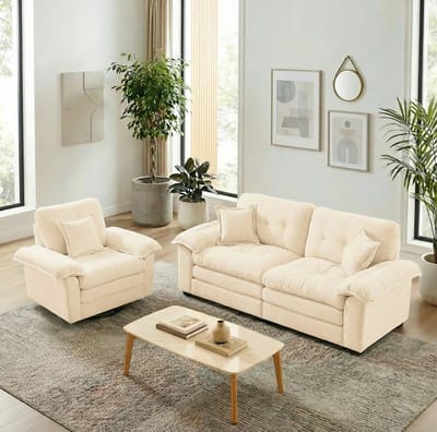 MIVRAY Set 213,4 x 90,1 x 87,6 cm - 2-Delige Bankset Met Diepe Zitting En Sierkussens - Voor Woonkamer En Lounge - Chenille Beige