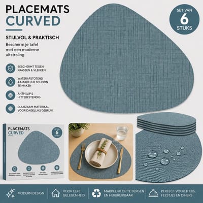Wicotex - Placemats Zak curved Blauw per 6 stuks - Placemats Taupe - Placemats antislip - Placemats afmeting 34x42cm