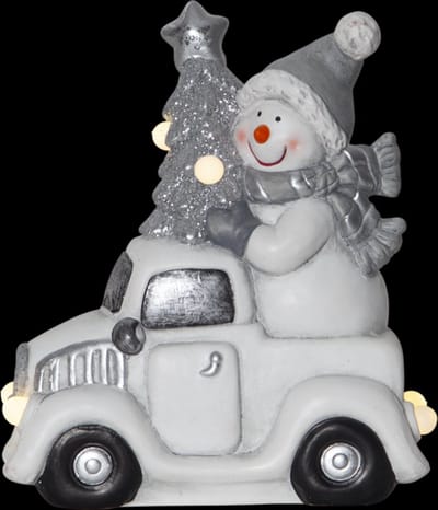 Sneeuwpop in truck -23cm -lichtkleur: Warm Wit -Werkt op batterijen -Met timer functie -Kerstdecoratie