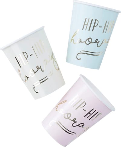 Wegwerp bekers Hip Hip Hooray assorti (8 stuks)