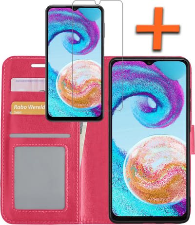 Hoes - Met Screenprotector - Geschikt voor Samsung Galaxy A04s - Luxe Pasjeshouder - Bookcase Portemonee - Flip Case - Kunstleer Book Case - Flipcase - Book Cover - Walletcase - PortemonneeHoes - Donkerroze