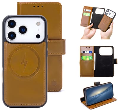 Casemania Echt Leren Hoesje Geschikt voor Apple iPhone 17 Pro - Sienna Brown - Geschikt voor MagSafe - Leer 2 in 1 Magnetisch Afneembare Book Case - Portemonnee Telefoonhoesje met Pasjeshouder