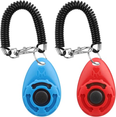 Hondenclicker, trainingsclicker met grote knop en polsband, professionele clickertrainingsset voor hondentraining en hondentraining, voor hond, kat, paard (2 stuks, blauw + rood)