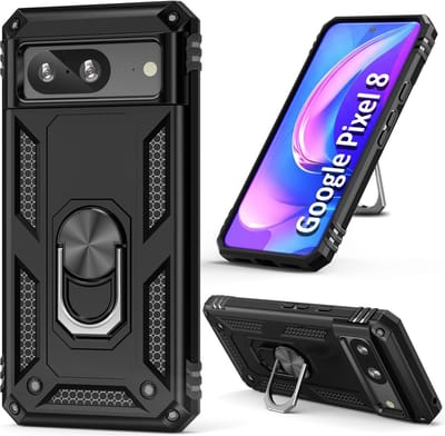 Casemania Hoesje Geschikt voor Google Pixel 8 Zwart - Anti-Shock Hybrid Armor Back Cover - Hoes met Kickstand Ring