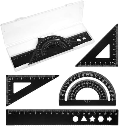 Dailygoods- Liniaalset 4-delig - Tekendriehoek - Gradenboog - Metalen Liniaal - Schoolliniaal - Geometrische Set van Alum