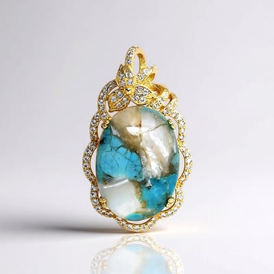 Cavill - Zilveren Hanger met Turquoise Mozaiek 8,4 ct en Witte Topaas 0,65 ct - 925 Sterling Zilver Verguld - Elegante Ovale Cabochon 33x19,5 mm