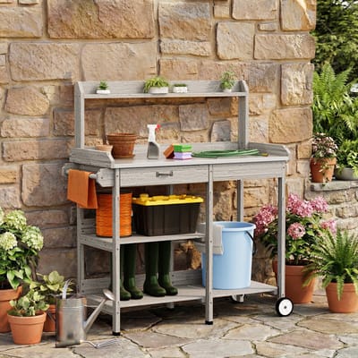 Xbro Tuinkast met Waterdicht Werkblad en Opbergvakken – Plantentafel met Lade, Haken & Wielen – Voor Binnen & Buiten – Houten Opbergkast voor Tuin & Balkon – 112 x 43 x 120 cm,Grijs