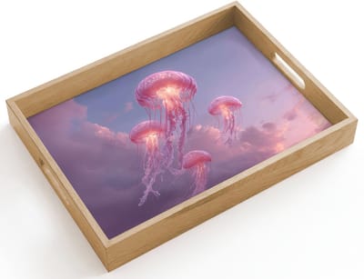 Dienblad hout 40x30 cm - Schootdienblad - Kwallen - Roze - Wolken - Borrelplank rechthoek - Plateau dienbladen